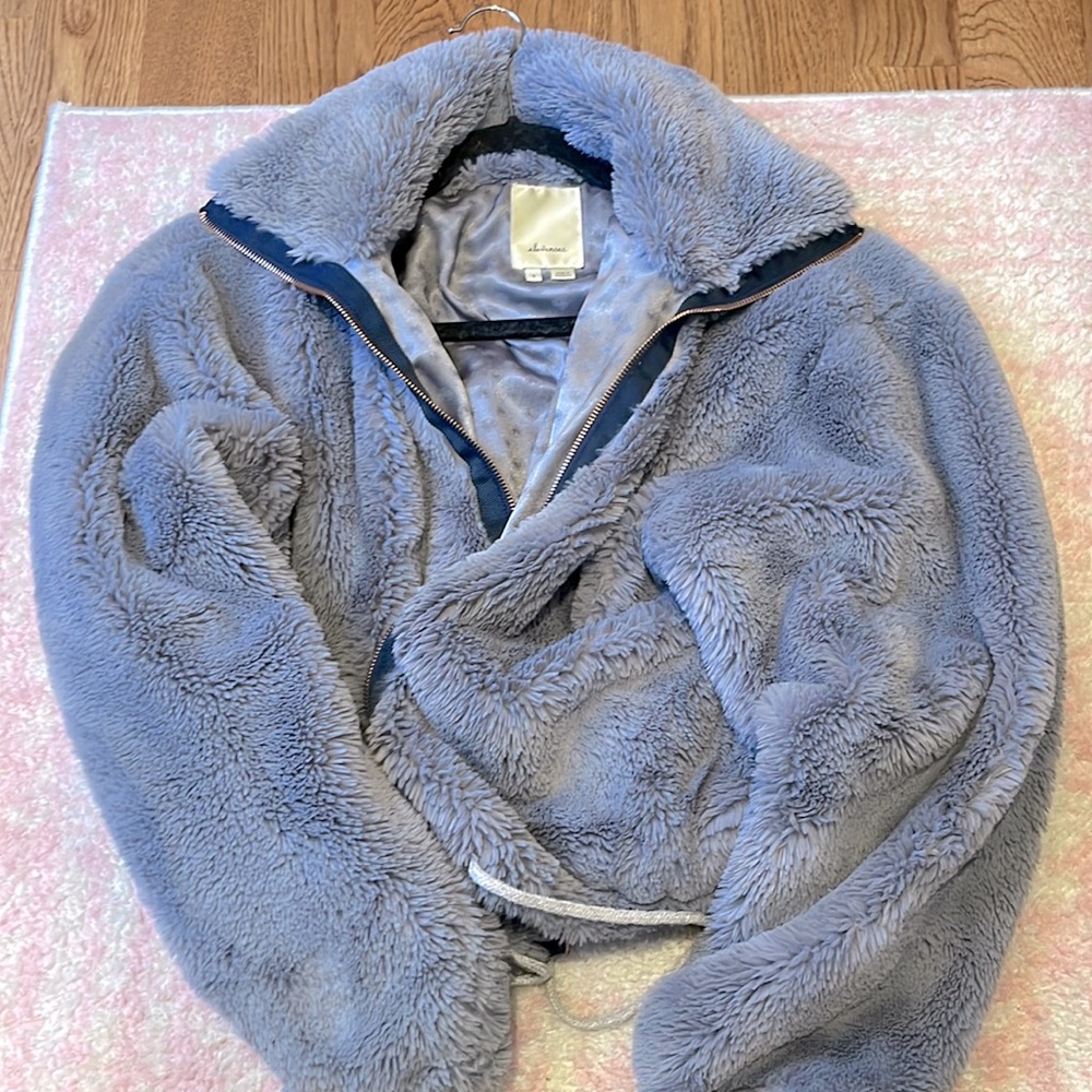 grey fuzzy jacket with rose gold zipper